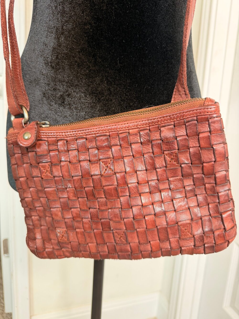 Ashwood Heritage Red Woven Leather Crossbody Boho zip purse with adjustable stra